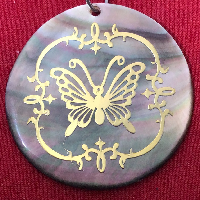 Abalone Shell W/ Butterfly Design Etched In Gold W/ Gold Stainless Steel Chain.